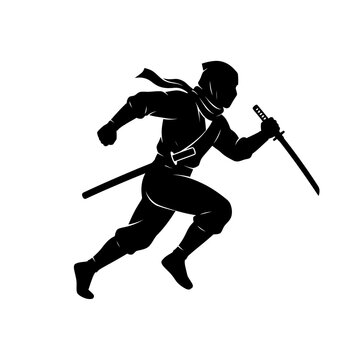 Silhouette of a Stealthy Ninja Warrior Sprinting Swiftly While Holding a Traditional Katana Blade