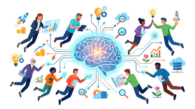 Diverse team collaborating around a glowing digital brain with data streams, concept for creative business startup, innovation, and teamwork, use for technology, education, and corporate presentations