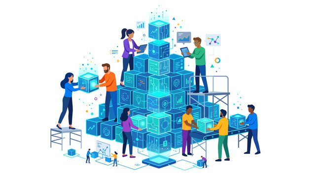 Diverse team building digital blocks pyramid with data streams, concept for creative business startup, innovation and teamwork, for technology and project management visuals