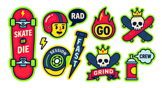 Retro Skateboard and Extreme Sports Stickers Collection