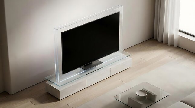 Modern virtual television set featuring a minimalist glass frame console in a bright contemporary living room interior for luxury home entertainment media