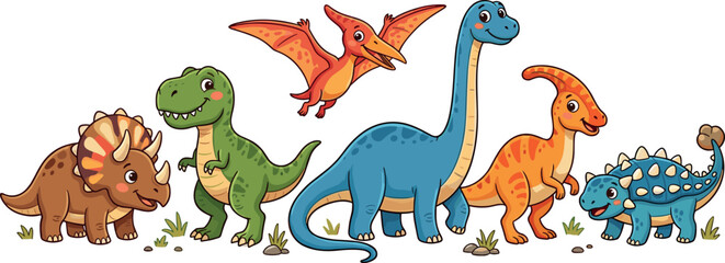 Cute cartoon dinosaur characters set featuring t-rex triceratops pterodactyl and diplodocus isolated on white background vector illustration for kids design © Md