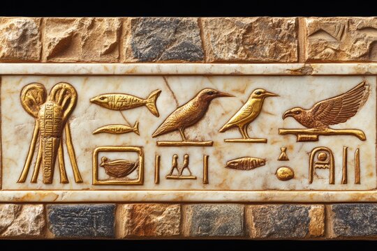 Ancient egyptian hieroglyphs carved stone wall detail depicting birds fish and symbols of history and culture