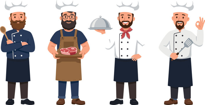 Professional male chef cartoon character set holding cooking spoon meat tray silver platter dome cloche and showing ok sign isolated vector illustration
