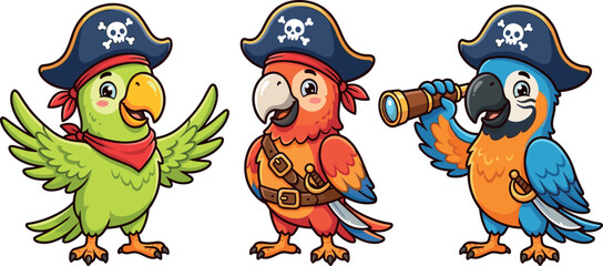 Cute cartoon pirate parrot characters set wearing hats with skull design holding spyglass isolated on white background vector illustration for kid party