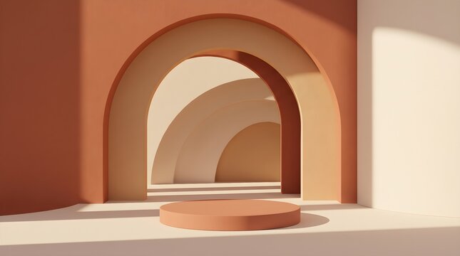 Minimalist 3D architectural background with concentric arches and a circular podium in warm earth tones for product display