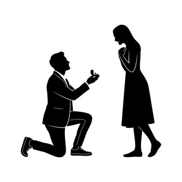 Silhouette of a Man Proposing Marriage to a Woman with an Engagement Ring Isolated on a Plain White Background