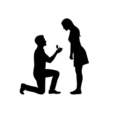Man Kneeling Proposing Marriage to Woman with Engagement Ring Silhouette Graphic