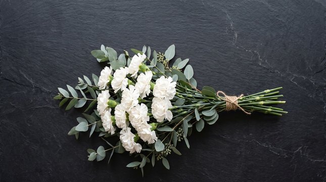 A bouquet of delicate carnations and eucalyptus leaves tied with twine on a dark slate background, symbolizing remembrance and All Souls Day
