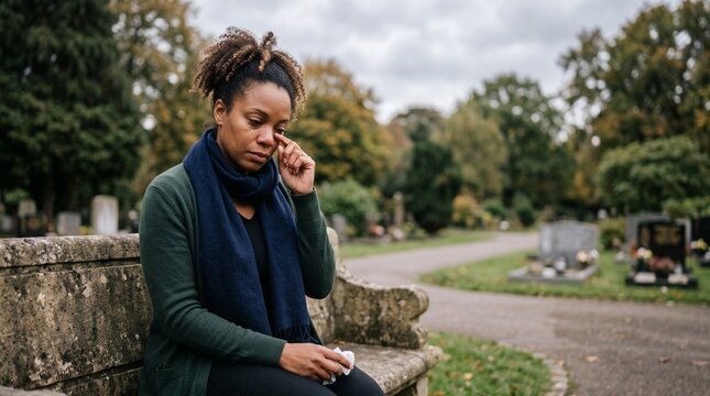 A grieving woman sits alone on a stone bench in a cemetery, wiping away tears on All Souls Day