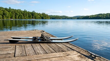 Obraz premium Pair of water skis on a wooden dock by a clear lake