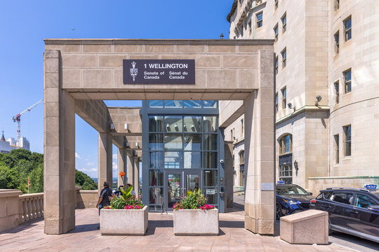 Ottawa, ON, Canada. July 30, 2026. Exterior entrance sign of the Senate of Canada building located at 1 Wellington Street.