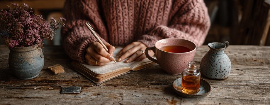A cozy scene featuring hands writing in a notebook with tea and decorative elements on a rustic wooden table.