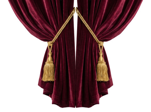 Red Velvet Theater Curtains with Gold Tassels and Ropes Isolated on Black Background for Stage Performance and Luxury Event Backdrop