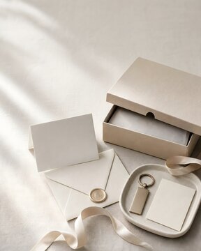Elegant Wedding Stationery Set with Gift Box and Wax Seal on Neutral Background