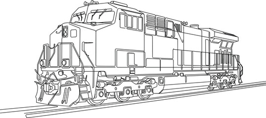 Detailed line art of modern diesel-electric locomotive on railway tracks for engineering and transport design © MSTMEHEJABINBINDA