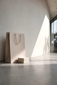 Minimalist Shopping Bag and Gift Box in Modern Interior with Sunlight