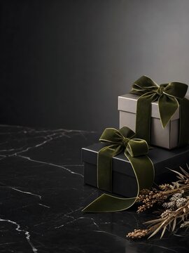 Elegant Gift Boxes with Velvet Ribbons on Dark Marble Background