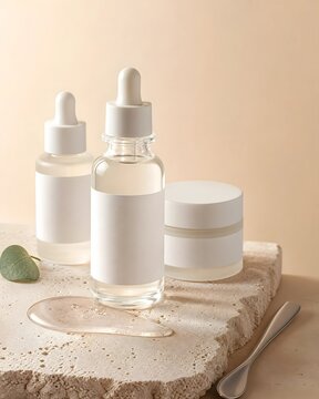 Cosmetic Skin Care Products with Blank White Labels on Stone Surface