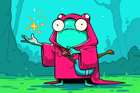 Cartoon frog wizard casting spell in enchanted forest