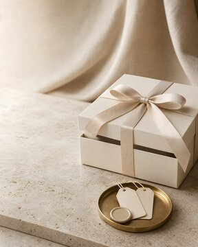 Elegant Cream Gift Box with Silk Ribbon and Blank Tags on Stone Surface