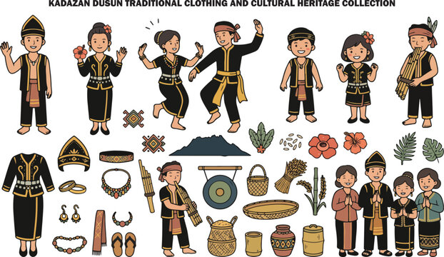 Kadazan Dusun Traditional Clothing and Cultural Heritage Collection Illustration