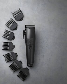 Professional Electric Hair Clippers with Various Attachment Combs on Grey Background