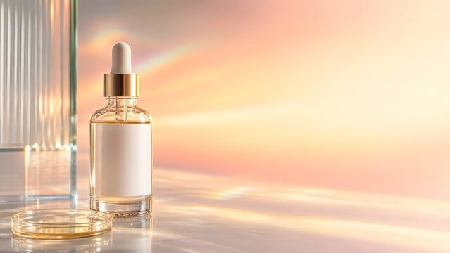 Glass Cosmetic Serum Bottle with Dropper and Blank Label on Marble Surface