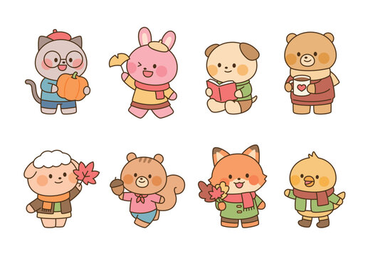 Cute kawaii animal characters enjoying autumn with pumpkins, books, coffee, maple leaves and cozy scarves in flat vector illustration.