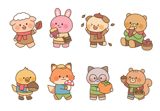 Cute kawaii animal characters enjoying autumn with sweet potatoes, chestnuts, acorns, mushrooms and persimmons in flat vector style.