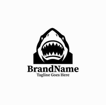 Black Image Vector Logo of Shark Emerging Silhouette, Ferocious Fish with Jagged Teeth Graphic Isolated on White Background
