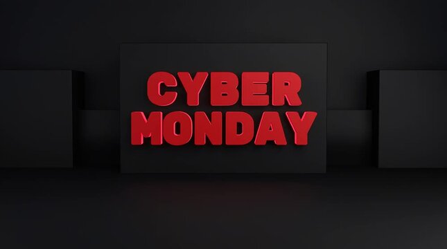 Cyber ​​Monday with red 3D typography on a minimalist black background, modern design for e-commerce promotions, special discounts, digital marketing, banner advertising, and online sales