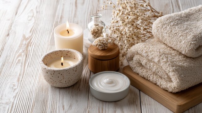 Beautiful spa treatment composition such as Towels, candles, essential oils, Massage Stones on light wooden background. blur living room, natural creams and moisturizing Healthy lifestyle, body care