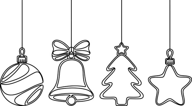 Set of four hanging christmas ornaments in a simple black line art style