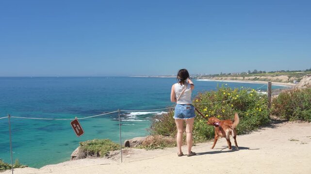 Coastal Bird Flying by Woman and Dog in Crystal Cove State Park, California USA
