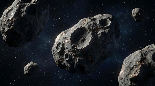 A detailed 3d render depicting an astroid belt floating in deep outer space with rocky cratered objects drifting among distant stars in the galaxy