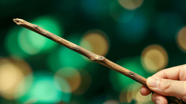 A hand holds a weathered wooden stick against a vibrant, blurred green and gold background.