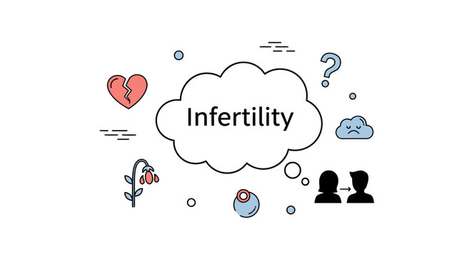 Infertility concept vector line illustration featuring a central thought cloud with text "Infertility", broken heart, withered flower, and medical icons. Healthcare concept.