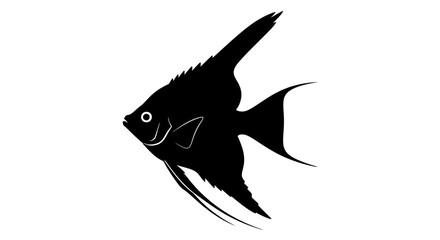 Black and white silhouette vector illustration of an angelfish, showing its distinctive fin shape and body structure. Marine life and aquarium animal design element.