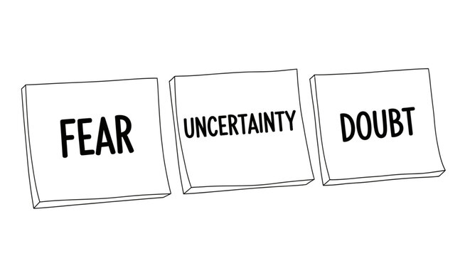 FUD concept vector line illustration featuring three sticky notes with the words "FEAR", "UNCERTAINTY", and "DOUBT" written on them. Black and white outline style.