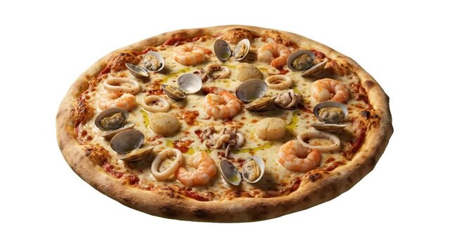 A whole gourmet seafood pizza loaded with prawns, squid rings, clams, and melted cheese, isolated on a plain white background. Great for Mediterranean restaurant marketing, seafood pizzeria menus, cul