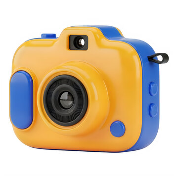 Vintage-style instant camera with bright orange and blue accents
