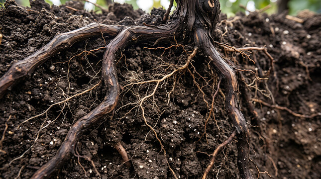 Underground vineyard roots with healthy soil biology illustrating regenerative farming, sustainable viticulture and environmental stewardship.