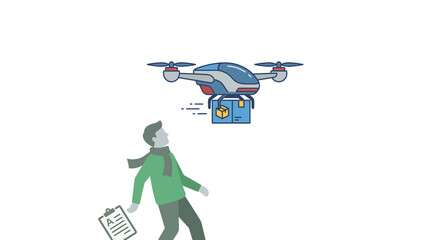 Naklejka premium Futuristic drone delivery over a person holding a clipboard, concept of artificial intelligence replacing human jobs, automation in logistics and future of work