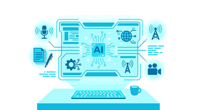 Futuristic Digital Interface with AI Core Displayed on a Desktop, Concept of Artificial Intelligence Replacing Human Jobs, Automation and Future Technology