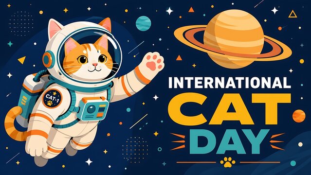 Cute cat astronaut floating in outer space with planets and stars for International Cat Day, AI generated