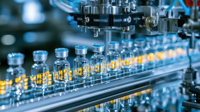 Medical vials on production line at pharmaceutical factory, Pharmaceutical machine working pharmaceutical glass bottles production line, health care, pandemic