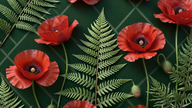 Vibrant red poppies and green ferns arranged on a dark geometric background.