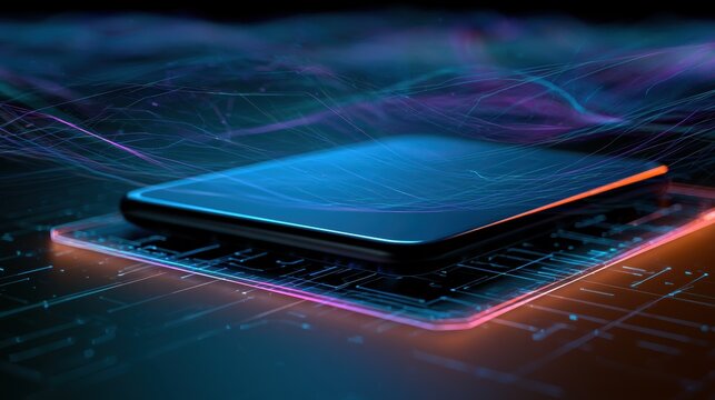 Smartphone on technology background. Neon glowing mobile phone on abstract dark background. Futuristic network connection