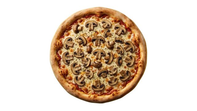 A top-view shot of a delicious fresh mushroom pizza with melted cheese, herbs, and crispy baked crust isolated on a seamless white background. Excellent for pizzeria menus, Italian food promos, food d